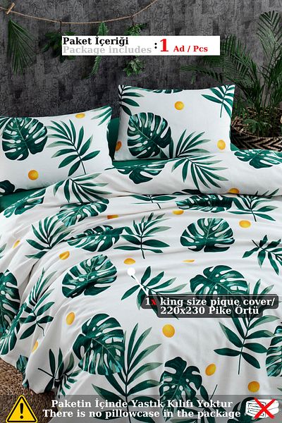 Eponj Home Natural Pique Printed Battal 220X230Cm Monstera Green