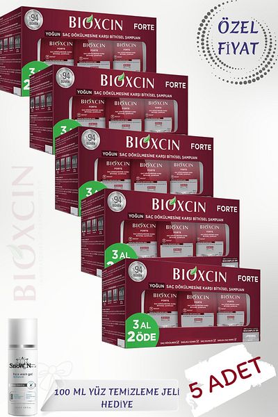 Bioxcin Forte 3X300 ml (5 Pcs) Anti-Hair Loss Shampoo + 100 ml Facial Cleansing Gel Gift