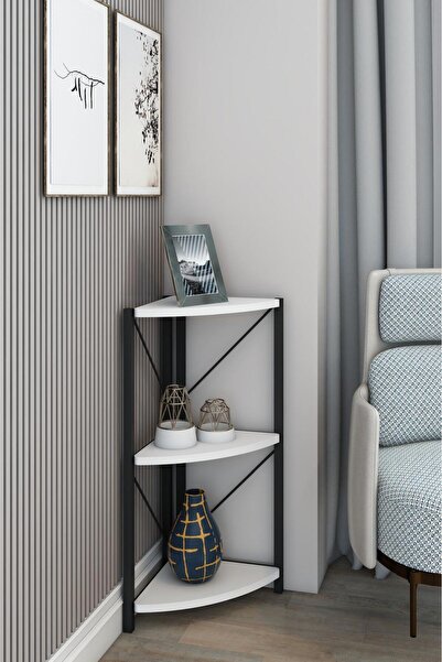 Remaks Datça 3 Raflı Metal Köşe Kitaplık Rafı Dekoratif Aksesuar Rafı Beyaz