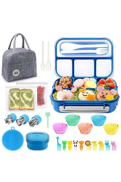 COOYA Kids Lunch Box Containers, 27pcs Leak-Proof Box Set with Spoon and Fork, 1300ml 4 Compartments