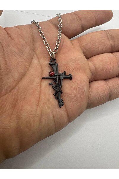 Yuchicly Gül ve Diken Detaylı Siyah Gotik Haç Kolye – kadın erkek Karanlık St...