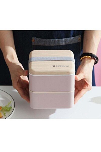 COOYA Square Lunch Box Double Layer Wooden Lunch Box with Tableware Adult Student Lunch Box 1.4L Pink