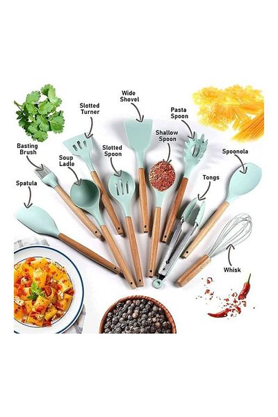 COOYA Non-Stick Silicone Cooking Utensils Set Mint Green 12.5x12.5x33cm 11-Piece