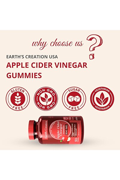 Earth's Creation Apple Cider Vinegar 60 Gummies, Sugar-Free, Gluten-Free, Non-GMO, Natural Flavors, Made in USA