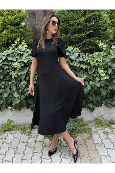 Butik Women's Short Balloon Sleeve Crew Neck Wide Cut Janjan Crepe Dress