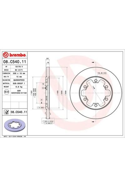 Brembo ARKA FREN AYNASI TRANSİT V363 14 ÇİFT TEKER 308x18x122.5x22x6DL
