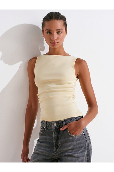 Dilvin 31589 Gathered Boat Neck Top-Light Yellow