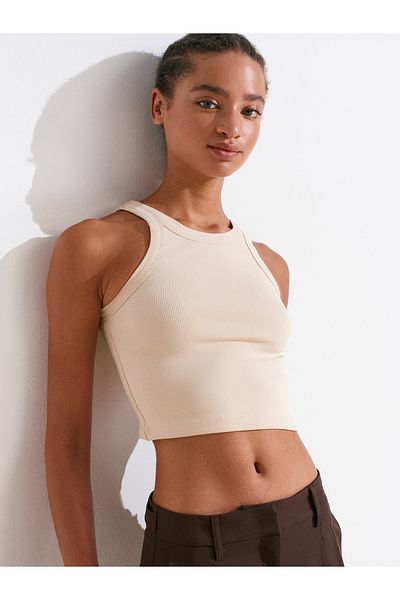 Dilvin 21104 Ribbed Crop Top-Stone