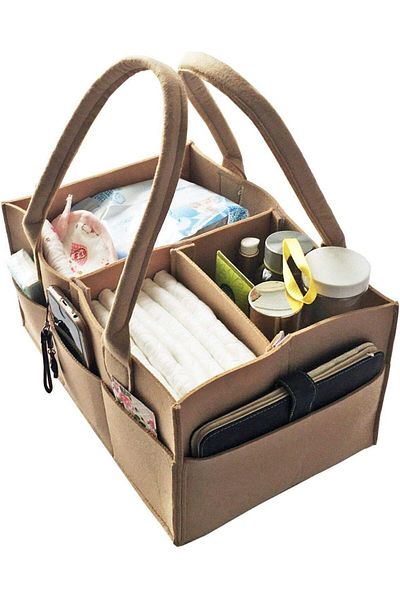 Saharaz Portable Baby Storage Bag, Felt Fabric, Removable Dividers, with PU Leather Handle, Brown
