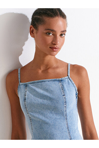 Dilvin 90563 Power Likra Ortaboy Denim Elbise-Mavi