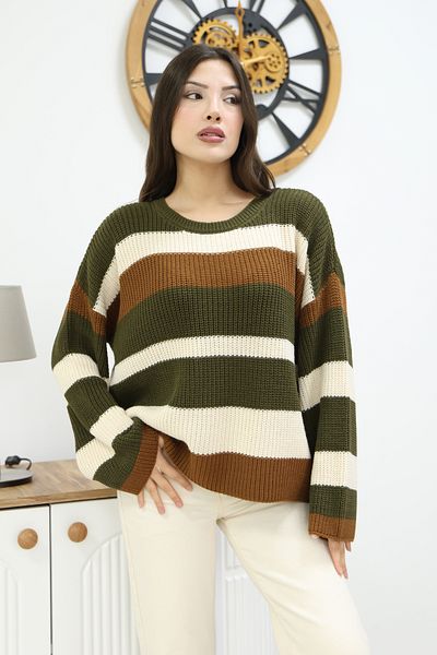 ALCHON Round Neck Long Sleeve Comfortable Loose Cut Three Color Striped Basic Plain Winter Knitwear Sweater