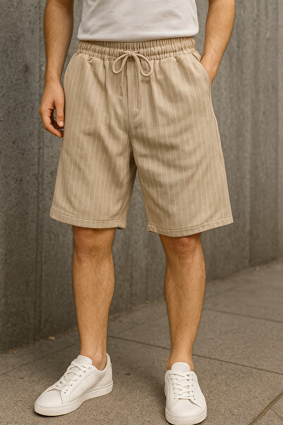 FATELLA Erkek Bej Beyaz Çizgili Büyük Beden Rahat Kesim Yazlık Penye Şort