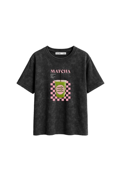 Bak Moda Tricou negru pentru femei, lavabil, cu imprimeu Matcha Iced Latte