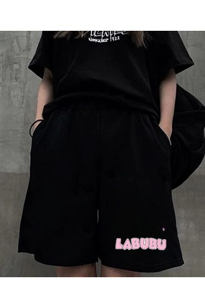 Touz Moda Μαύρο Unisex χτενισμένο βαμβακερό σορτς με στάμπα Labubu