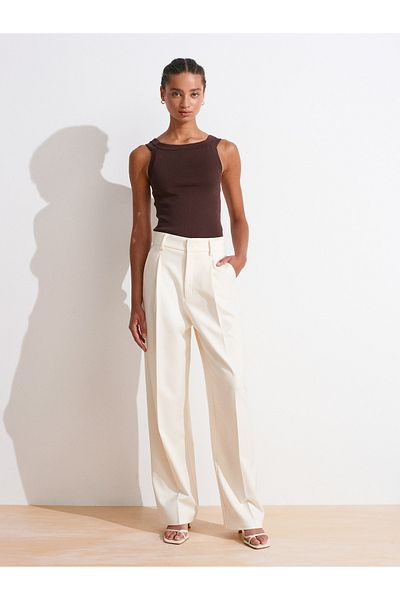 Dilvin 72128 High Waist Draped Trousers-White