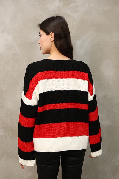 ALCHON Round Neck Long Sleeve Comfortable Loose Cut Three Color Striped Basic Plain Winter Knitwear Sweater