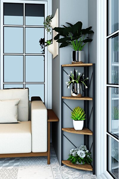 Remaks Datça 4 Raflı Metal Köşe Rafı Çiçeklik Saksılık Çok Amaçlı Dekoratif Raf Standı Ceviz