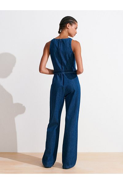 Dilvin 72020 Belted Denim Jumpsuit-Navy Blue