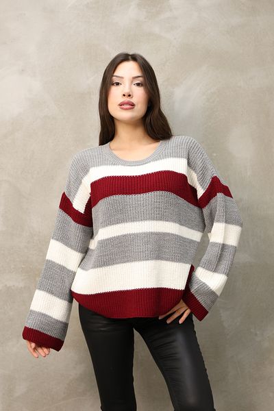 ALCHON Round Neck Long Sleeve Comfortable Loose Cut Three Color Striped Basic Plain Winter Knitwear Sweater