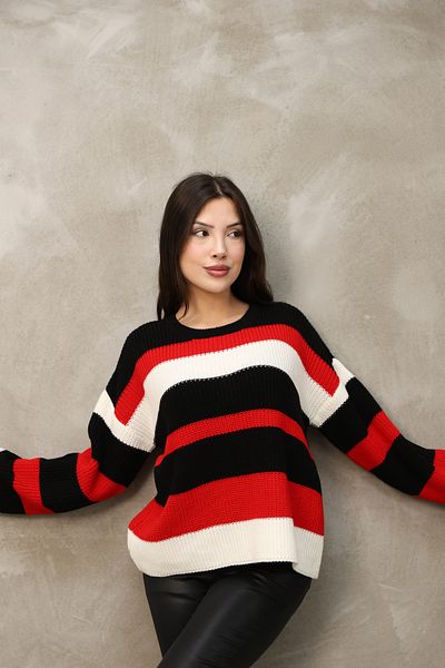 ALCHON Round Neck Long Sleeve Comfortable Loose Cut Three Color Striped Basic Plain Winter Knitwear Sweater