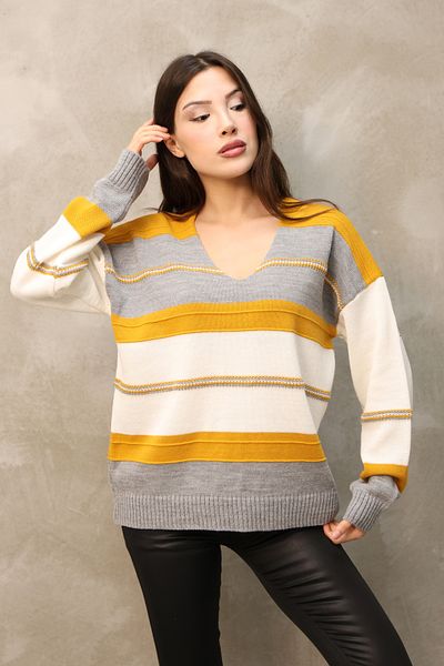 ALCHON V-Neck Long Sleeve Wide Loose Cut Three Color Skirt Elastic Color Block Basic Seasonal Knitwear Sweater