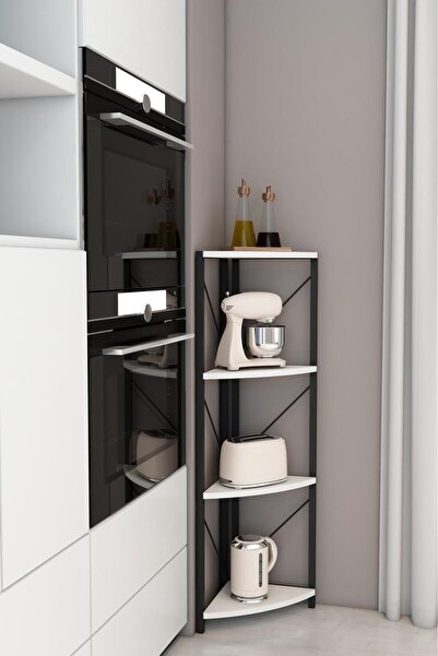 Remaks Datça 4 Raflı Metal Köşe Kitaplık Rafı Dekoratif Aksesuar Rafı Beyaz