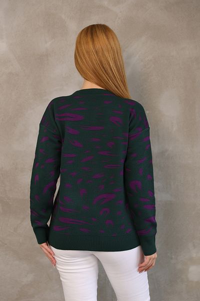 ALCHON Round Neck Long Sleeve Jacquard Panel Peacock Pattern Winter Knitwear Sweater with Elastic Waist