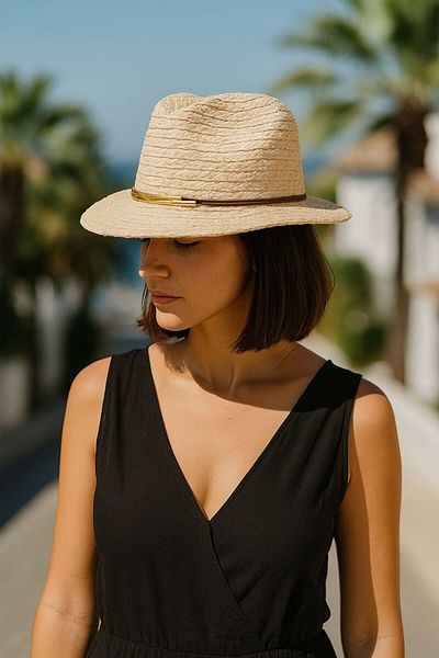 LAGRANZE Women's Textured Straw Hat with Gold Color Accessories