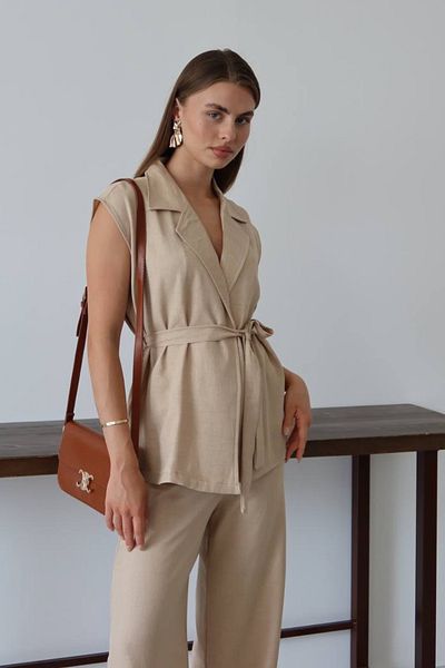Mogi Butik Women's Belted Vest Palazzo Linen Suit 3080