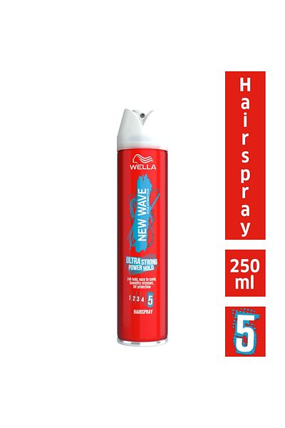 Wella بخاخ تثبيت الشعر نيو ويف ألترا سترونج باور هولد 250 مل، تثبيت يدوم طويلاً ومقاوم للرطوبة