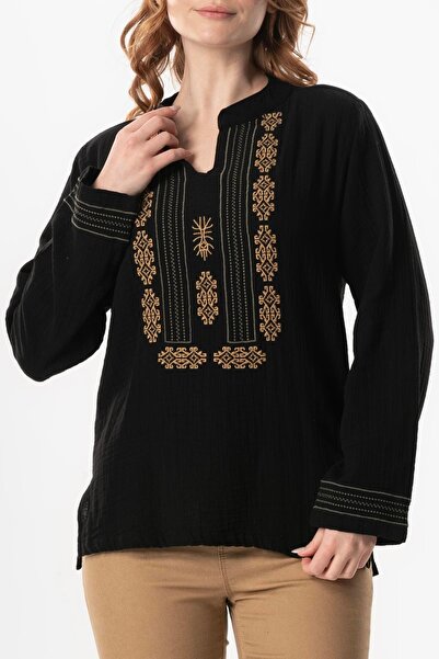 Eliş Şile Bezi Uzun Kol İbiza Nakışlı Kadın Müslin Yazlık Tshirt Siyah Syh