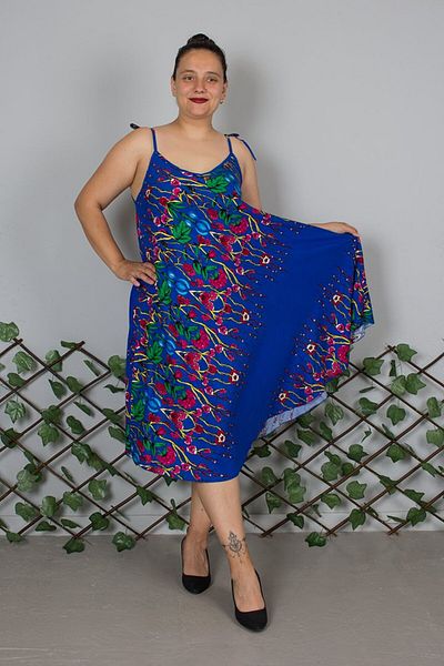 Truva XXL Plus Size Suspender Cotton Patterned Blue Dress – up to Size 50