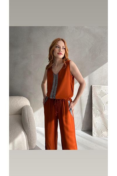 Maison La Femme Women's Sequin V Neck Blouse Wide Leg Pants