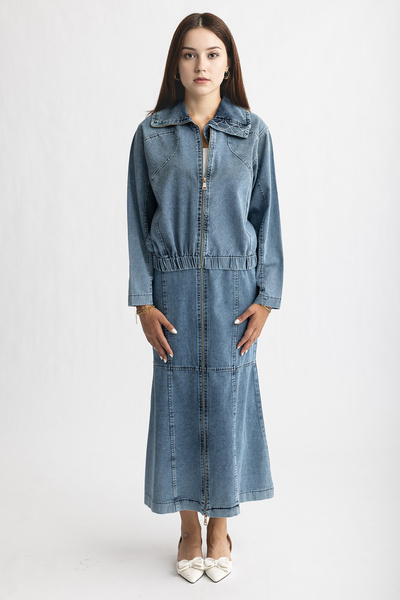 Suede Style 5476 - Set de blugi pentru femei, elegant și confortabil, cu fustă și jachetă, cu detaliu de fermoar