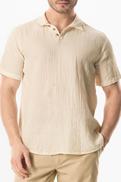 Eliş Şile Bezi Κοντομάνικο Polo Neck Muslin Καλοκαιρινό Tshirt Μπεζ Μπεζ