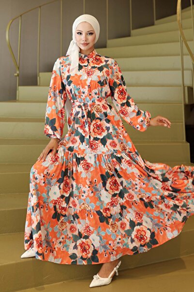 benguen Φόρεμα Hijab με σχέδιο Πορτοκαλί 566