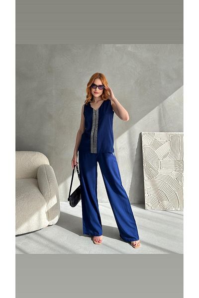 Maison La Femme Women's Sequin V Neck Blouse Wide Leg Pants