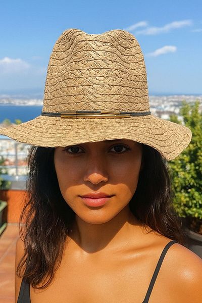 LAGRANZE Women's Textured Straw Hat with Gold Color Accessories