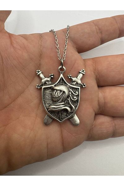 Herşey Nota Knight Sword and Crest Figured Necklace – Silver Color Gothic Style Unisex Chain Jewelry