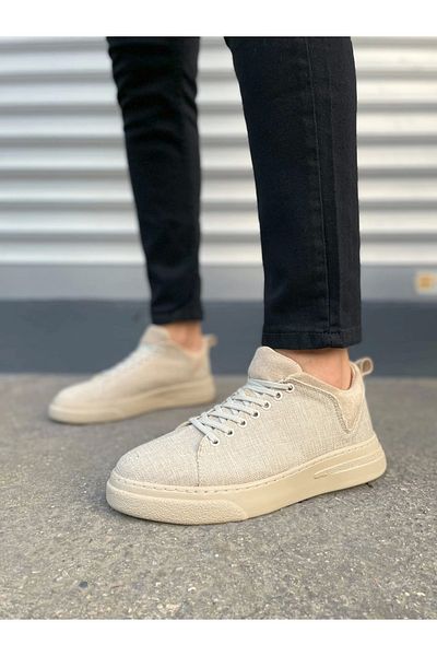 Joy Ayakkabı Jy204 Flex Lace-Up Linen Fabric Men's Casual Sneaker Shoes Kkt - Cream