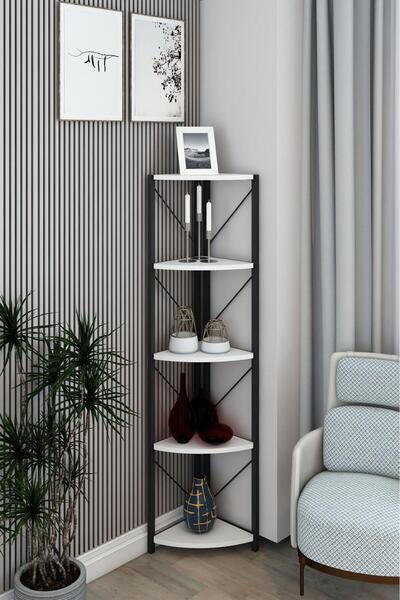 Remaks Datça 5 Raflı Metal Köşe Mutfak Rafı Dekoratif Aksesuar Rafı Beyaz