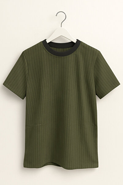 FATELLA Men's Khaki Black Striped Crew Neck Short Sleeve T-Shirt – Relaxed Fi...