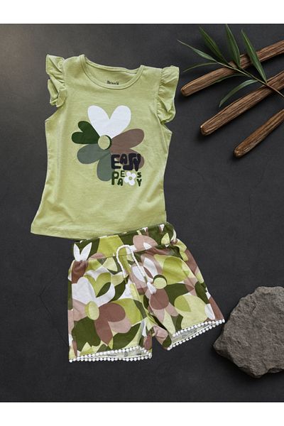 Rhythm Clothing Miniworld Flower and Letter Print, Full Cotton, Ruffle Detail, Shorts Girls' Bottom-Top Set