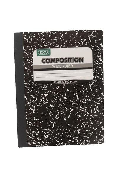 Roco Wide Ruled Notebook 7.5 x 9.75 in – 200 Pages Black Marble Cover for School or Office