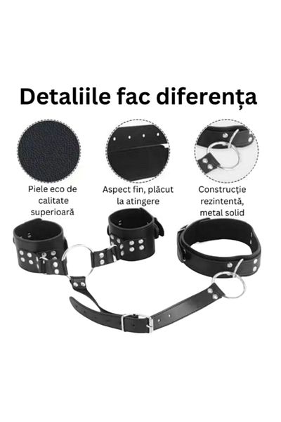 OBRO Erotic harness type BDSM bondage accessory, eco-leather, adjustable unisex, handcuffs and collar, black