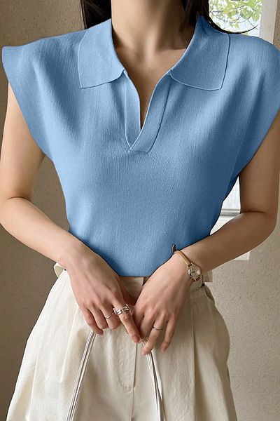 AQE FASHION Bluză de damă cu mâneci zero, guler polo, fără mâneci, croială confortabilă, design elegant, anti-transpirație, albastru bebeluș