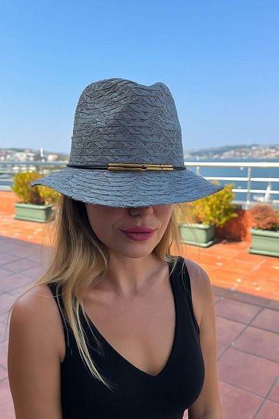LAGRANZE Women's Textured Straw Hat with Gold Color Accessories