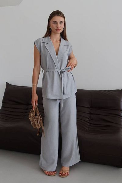 Mogi Butik Women's Belted Vest Palazzo Linen Suit 3080