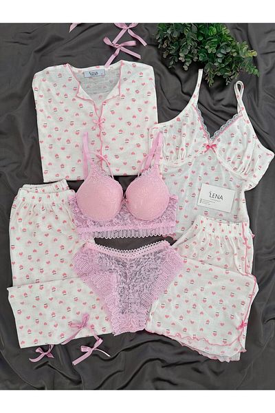 Lena Homewears Women's Pureks Pink 6-Piece Underwear Short Sleeve Pajamas Set