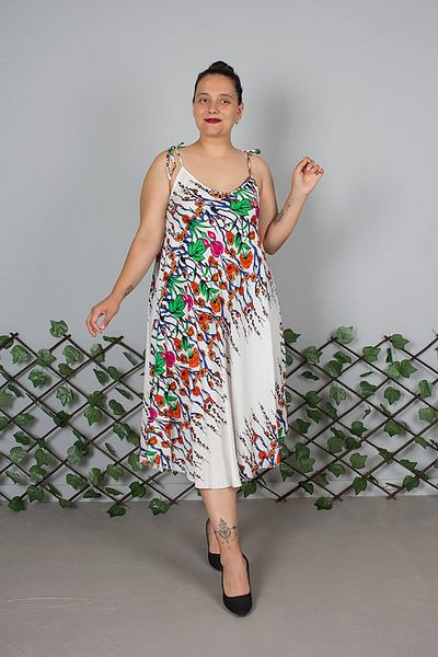 Truva XXL Plus Size Suspender Cotton Patterned White Dress – up to Size 50